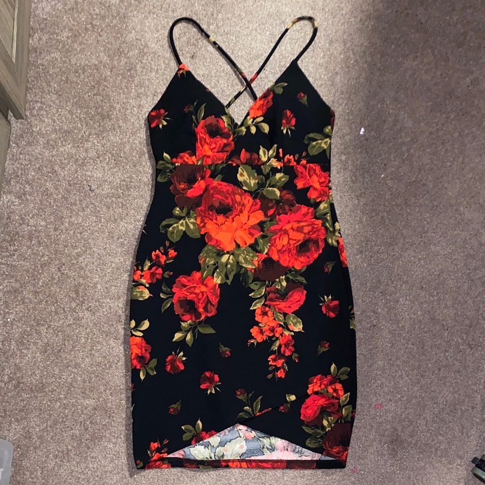 Floral Black & Red Spaghetti Strap Bodycon Dress